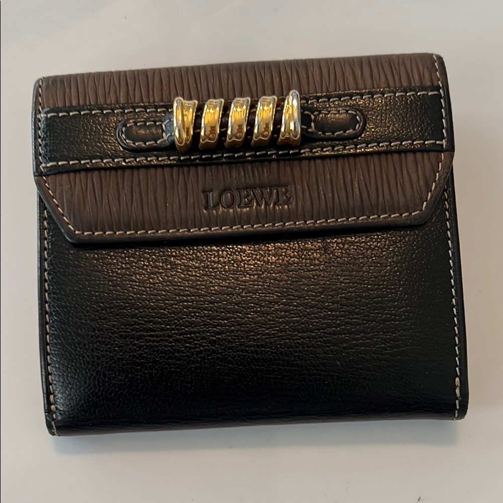 Loewe Black and Brown Leather Compact Wallet with Gold Tone Embellishment NWOT